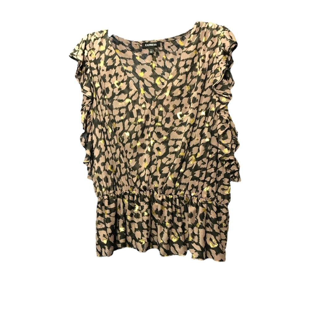 Express Brown Black Gold Leopard Pattern V Neck with ruffles on‎ sleeves